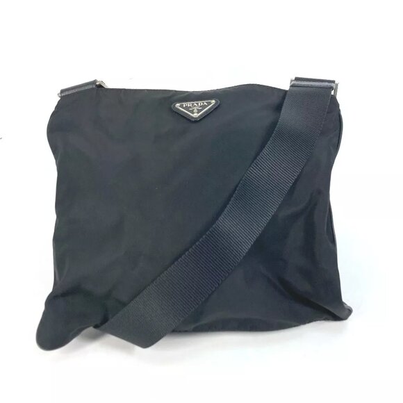 PRADA Crossbody Pochette bag triangle logo plate flat Shoulder Bag Nylon Black - Picture 1 of 16